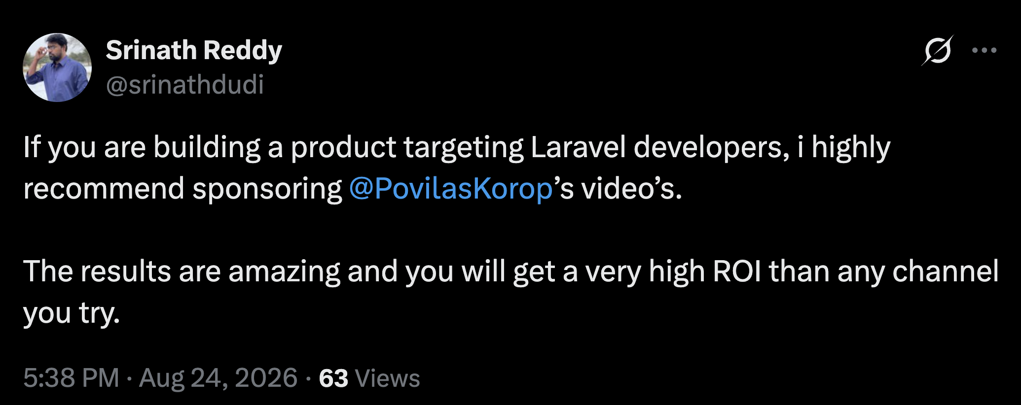 Testimonial from Srinath Reddy recommending Laravel Daily sponsorships for products targeting Laravel developers