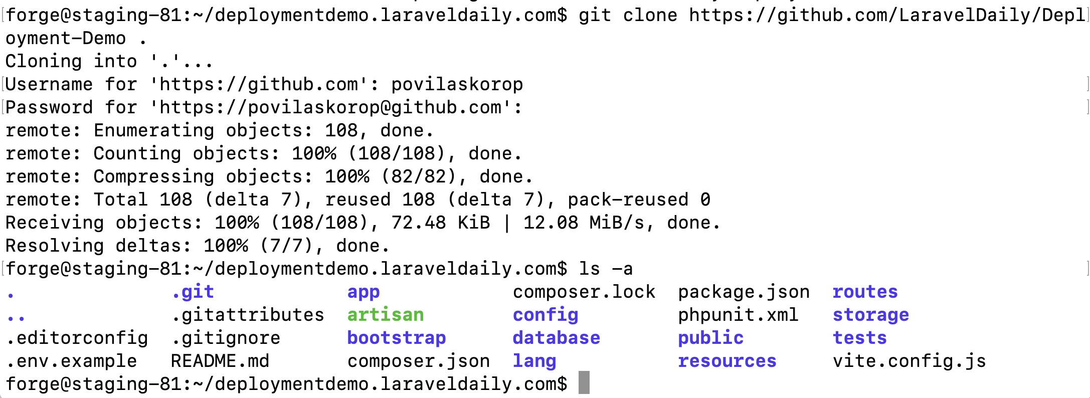 laravel deployment cloned repository
