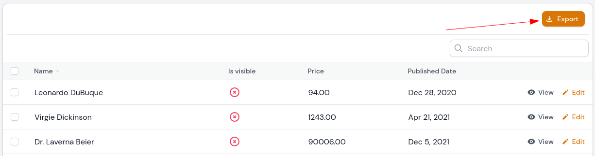 export button in table header