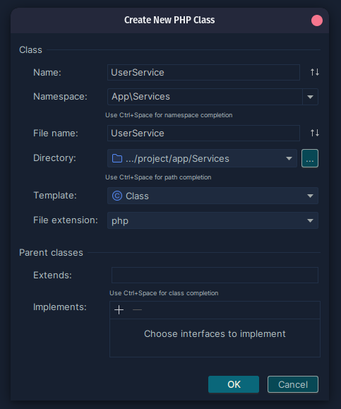 phpstorm create new php class window