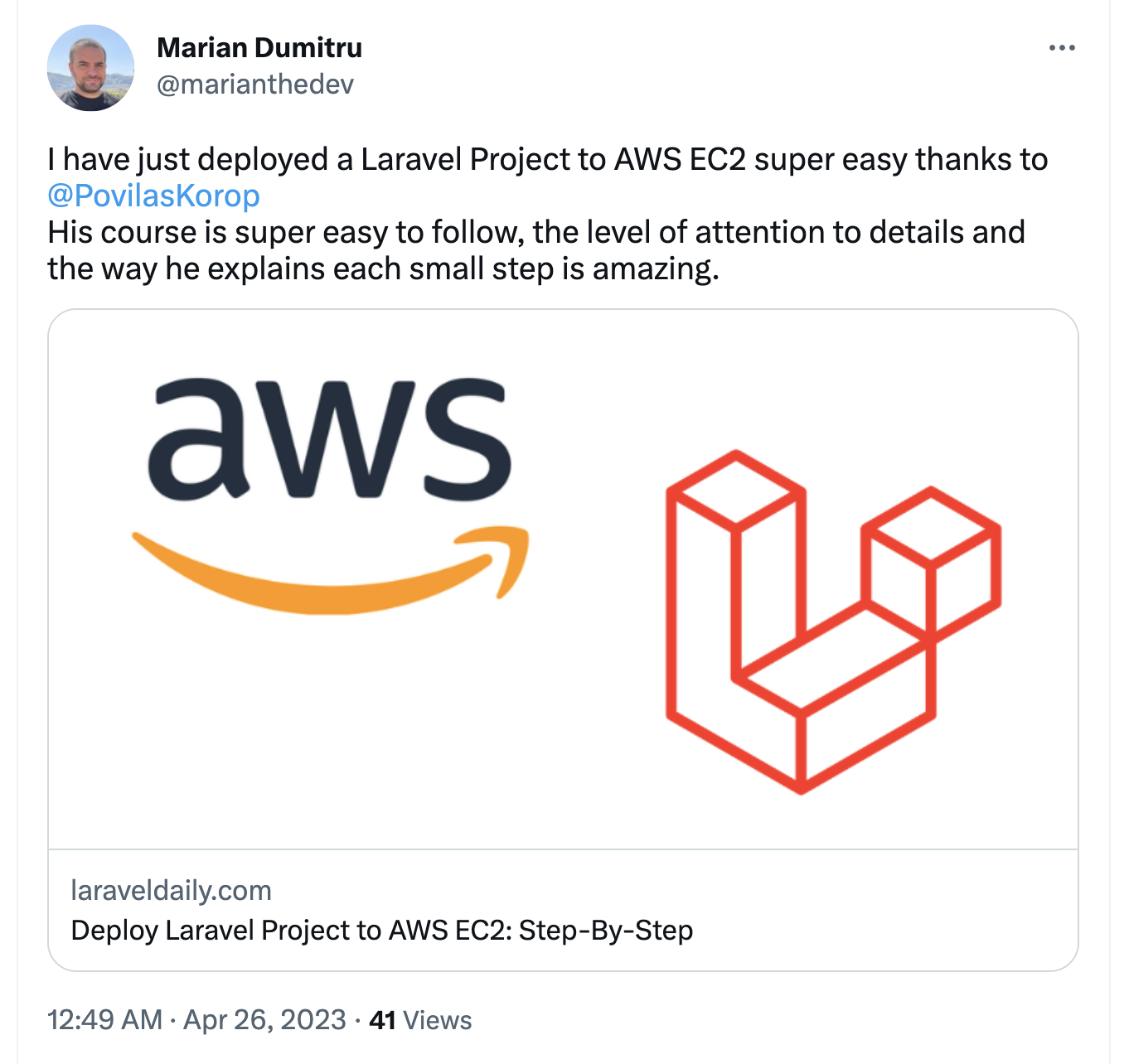 Laravel AWS Course testimonial