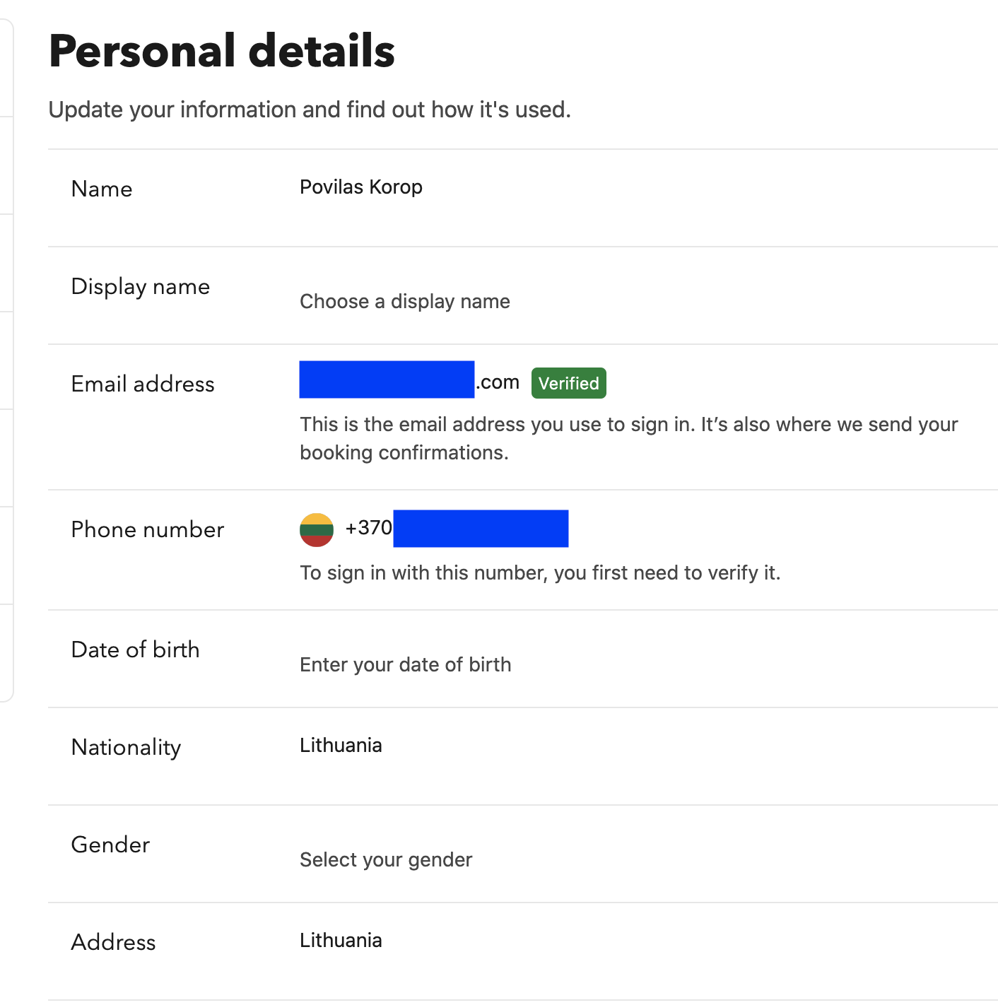 Booking profile fields