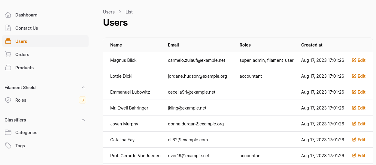 users table with roles