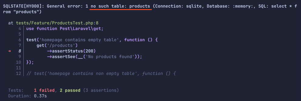 test fails with no table error