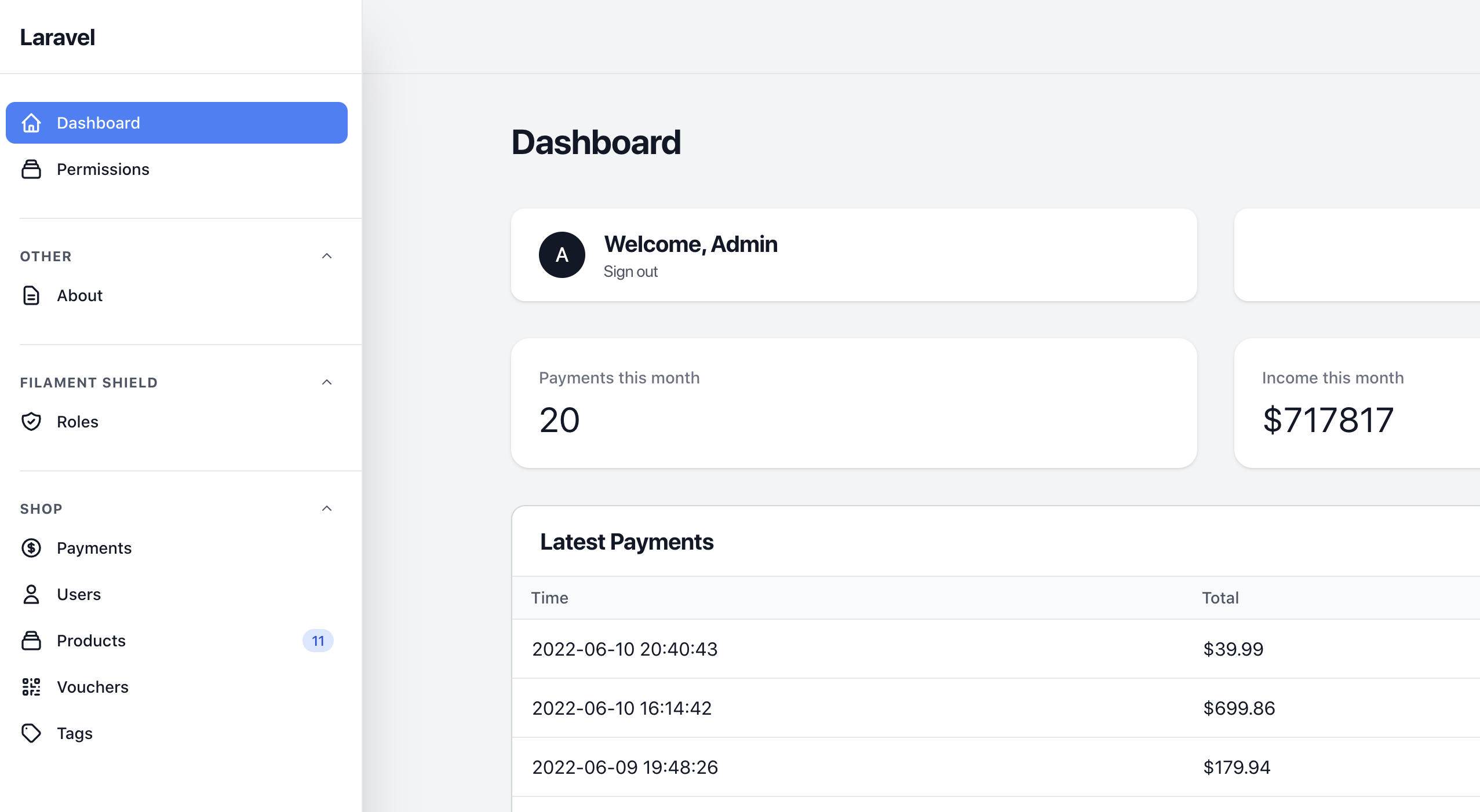 Laravel Filament dashboard