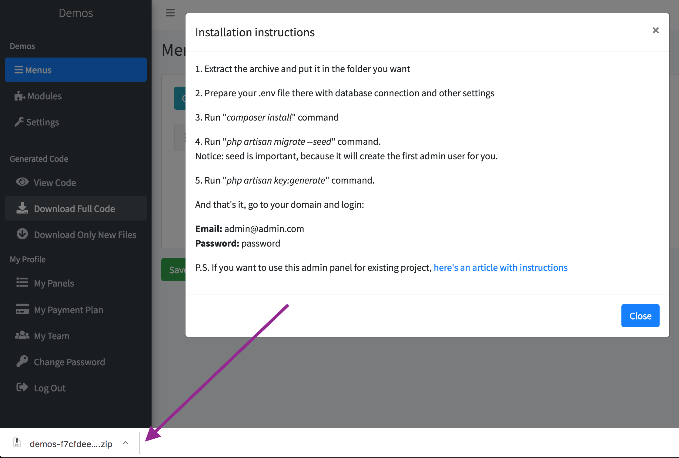 Downloading Panel and Installing it Locally - QuickAdminPanel