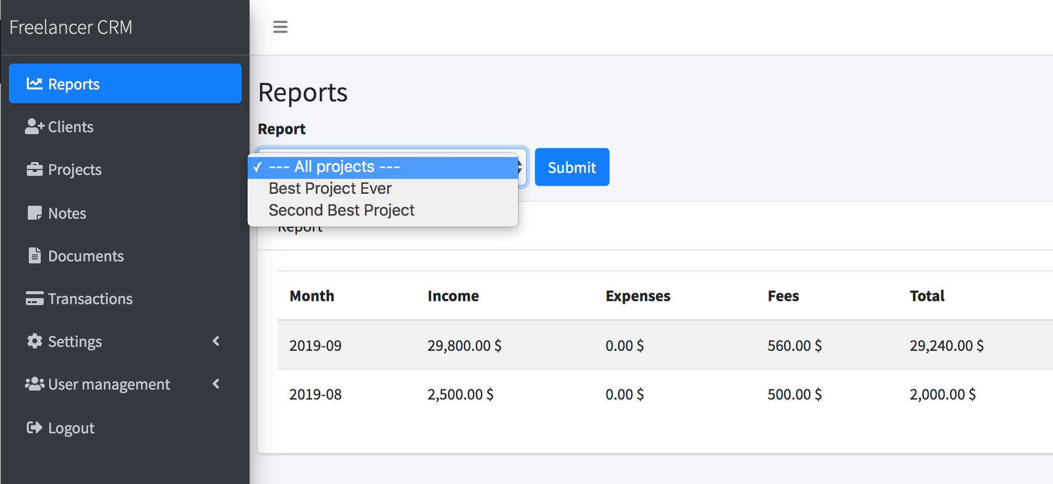 Freelancer CRM screenshot report